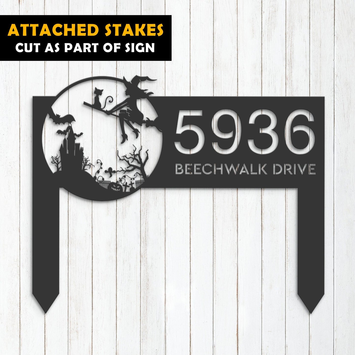 Personalized Witch and black cat flying Halloween Metal Address Sign House number Hanging Address Plaque Yard Sign Outdoor Sign Garden Stake