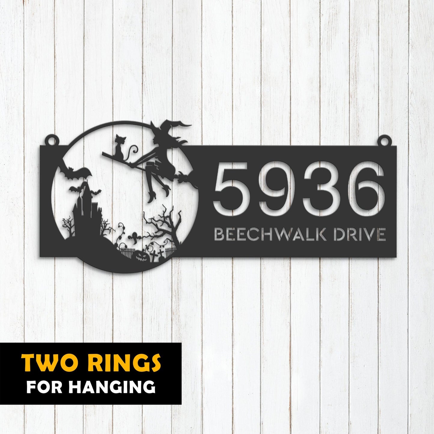 Personalized Witch and black cat flying Halloween Metal Address Sign House number Hanging Address Plaque Yard Sign Outdoor Sign Garden Stake