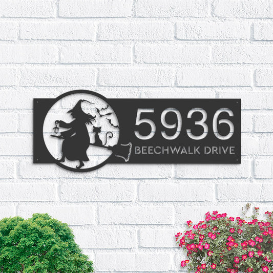 Personalized Witch and black cat flying Halloween Metal Address Sign House number Hanging Address Plaque Yard Sign Outdoor Sign Garden Stake