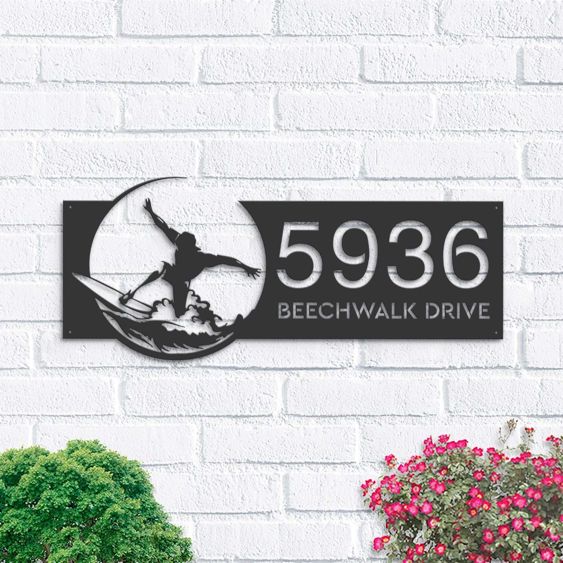 Personalized Surfer surfing Metal Address Sign House number Hanging Address Plaque Yard Sign Outdoor Sign Garden Stake