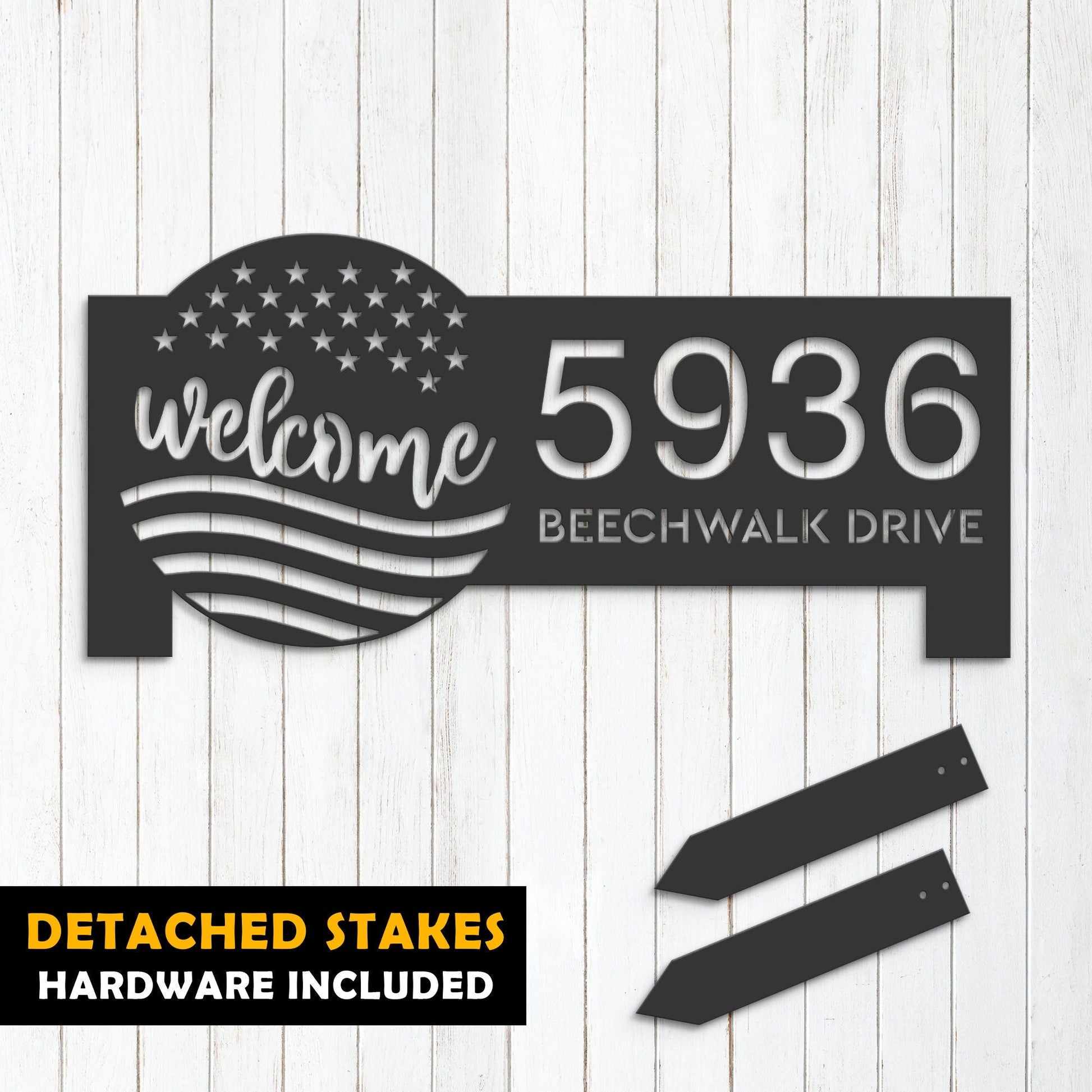 Personalized Welcome US flag 4th of July Metal Address Sign House number Hanging Address Plaque Yard Sign Outdoor decor Garden Stake