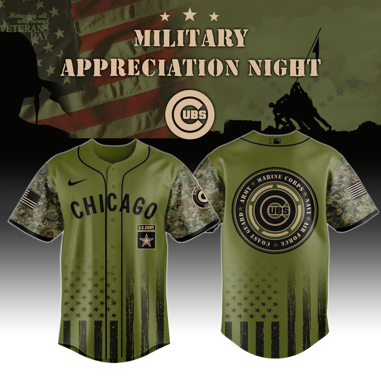_Chicago Cubs MLB x Military Appreciation Night (Army, Navy, USAF, USMC, USCG) Jersey Editions Limited 2025 V2