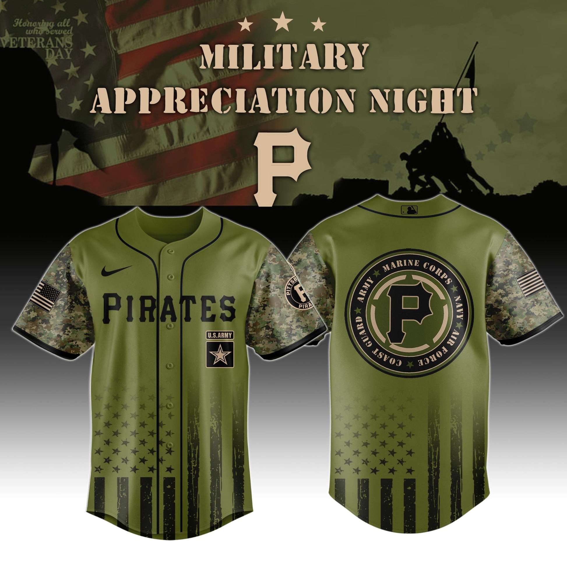 _Pittsburgh Pirates MLB x Military Appreciation Night (Army, Navy, USAF, USMC, USCG) Jersey Editions Limited 2025 V2