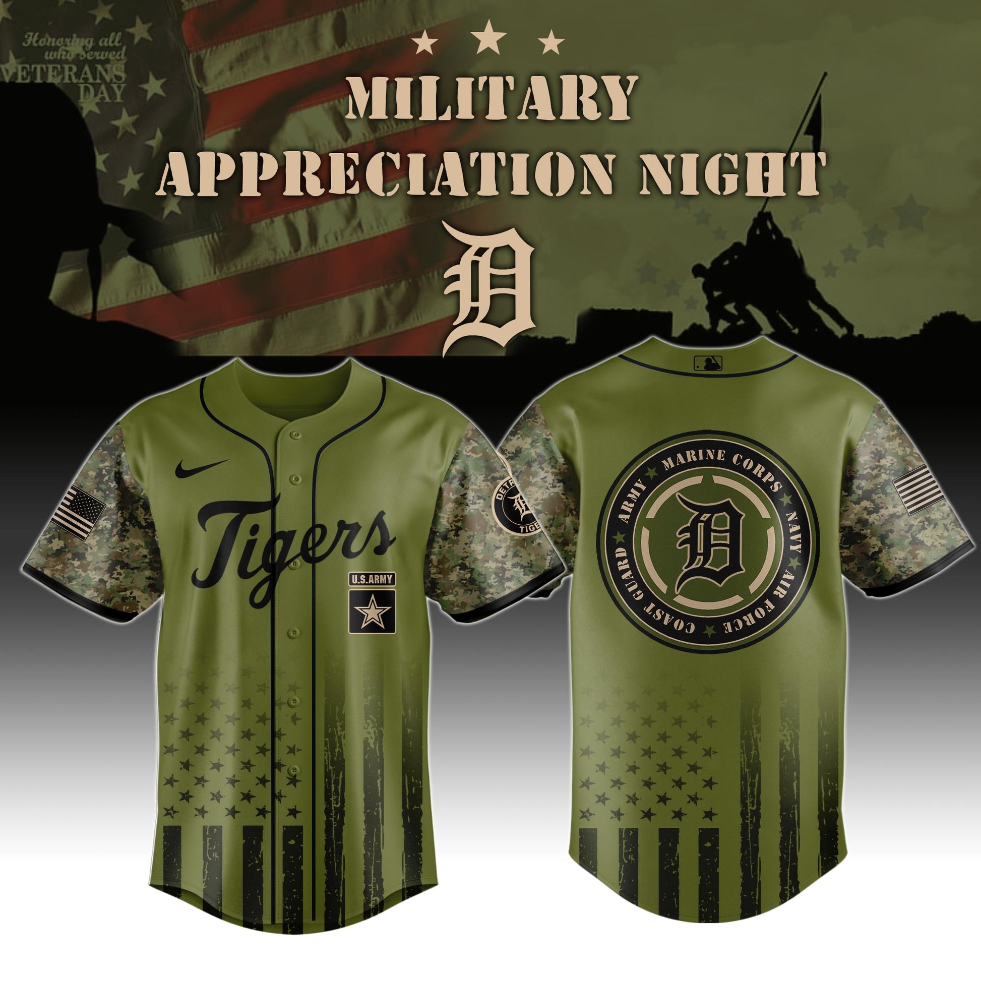 _Detroit Tigers MLB x Military Appreciation Night (Army, Navy, USAF, USMC, USCG) Jersey Editions Limited 2025 V2