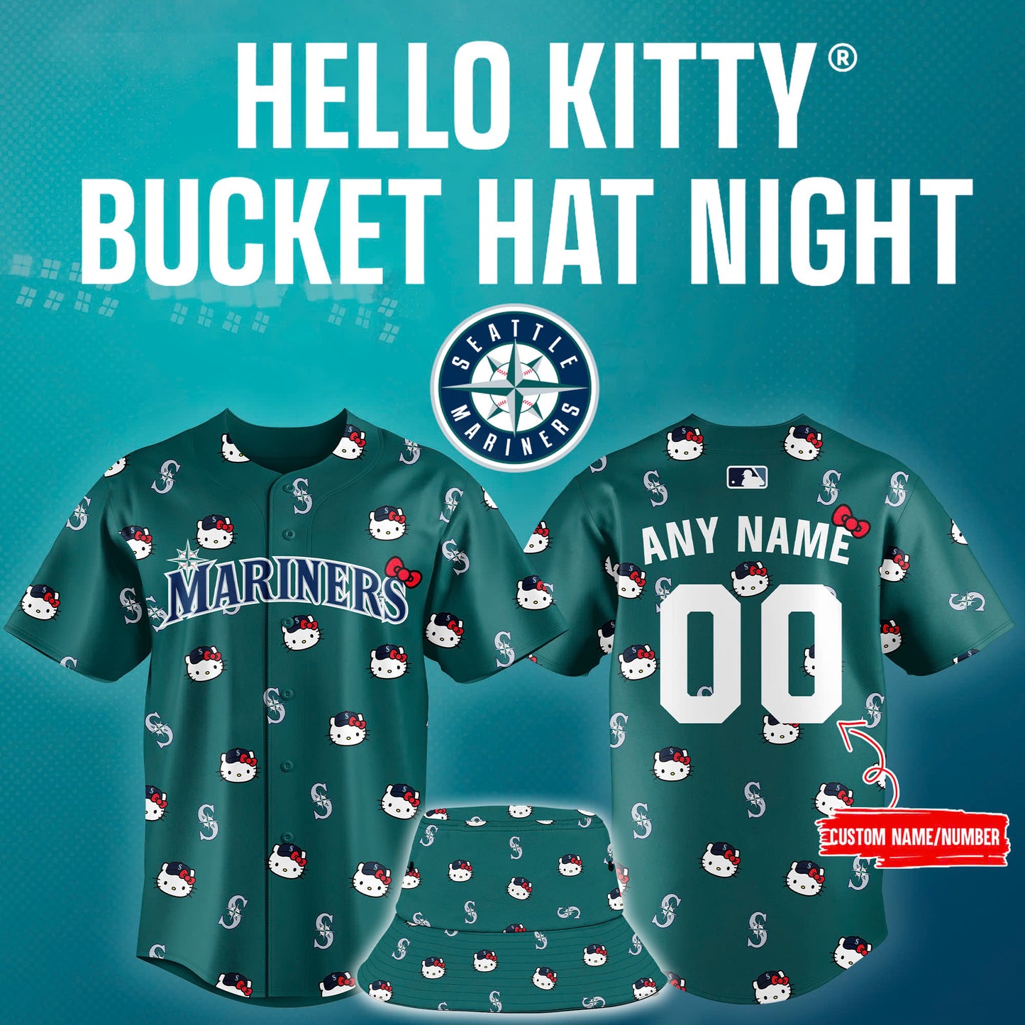 Seattle Mariners 2025 Hello Kitty Bucket Hat Night Combo Baseball Jersey + Bucket Hat