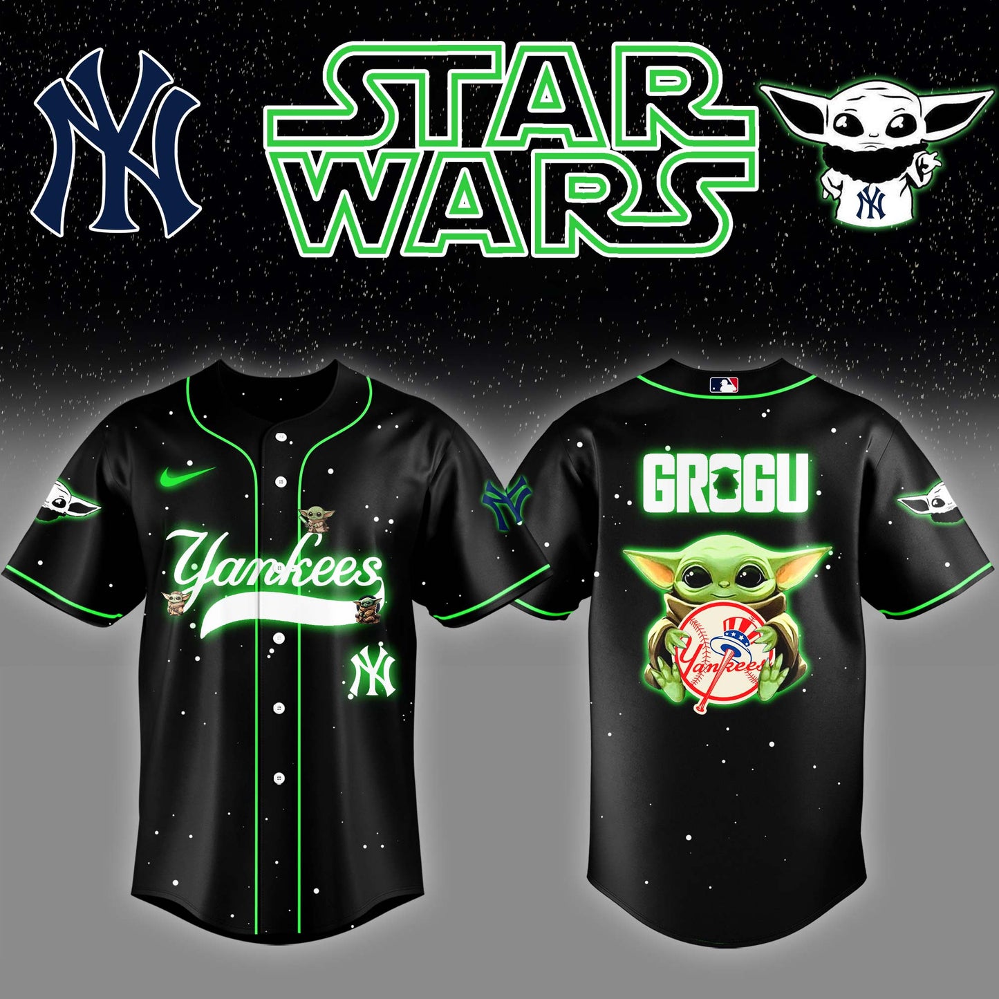 .New York Yankees x Stars Wars Grogu Night Baseball Jersey Editions Limited v3