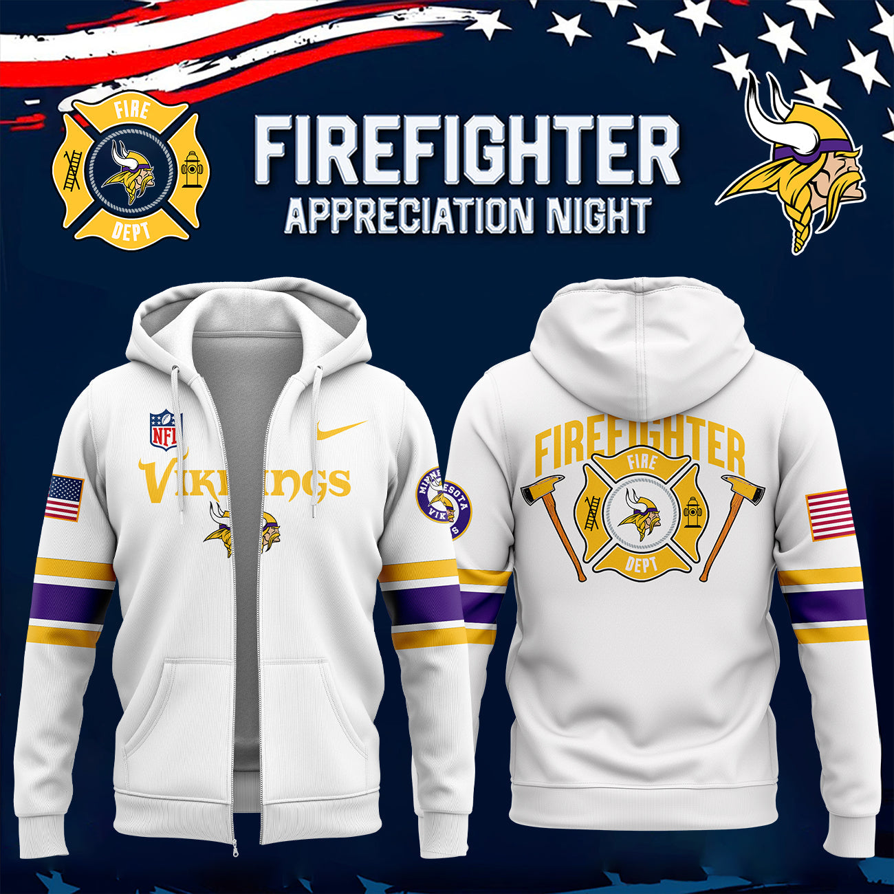 Premium Minnesota Vikings Merch - Minnesota Vikings x 2025 Firefighter Appreciation Night Premium Limited Pullover Zip Hoodie - Gear Up For Game Day